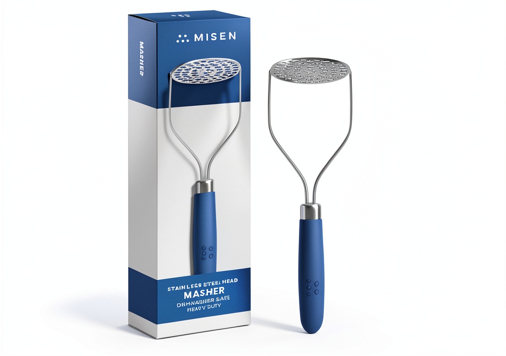 Misen stainless steel potato masher being held in a kitchen sink, showing ergonomic handle and wide steel head
