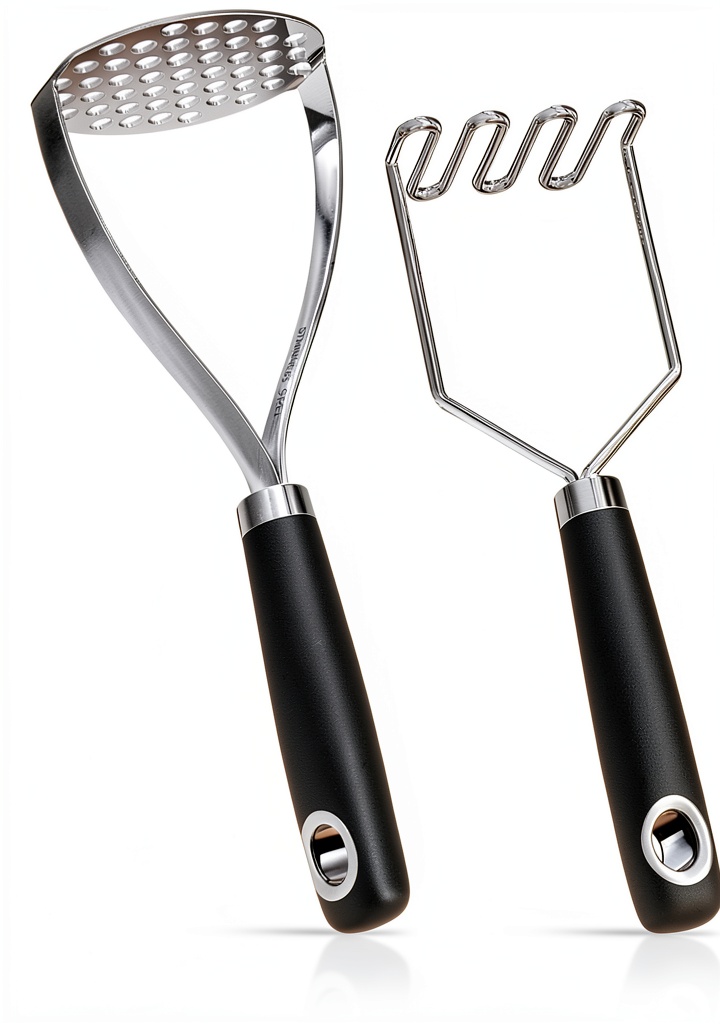 MUJINON potato masher being used to mash potatoes in a kitchen bowl